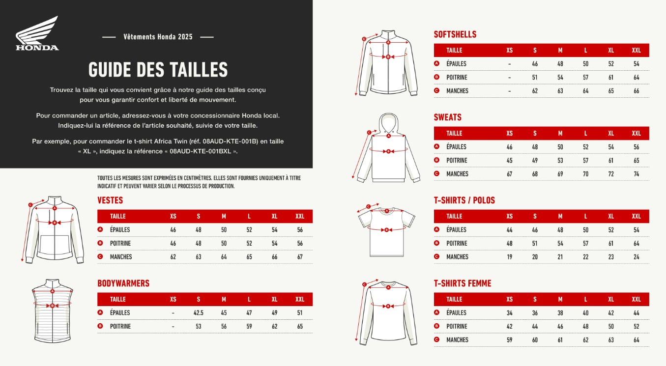 Guide des tailles Honda Sportswear